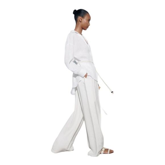 NWT Zara 100% Linen Oversized White Shirt Rope Tie Waist Large Wide Lapel V-Neck - Picture 3 of 7